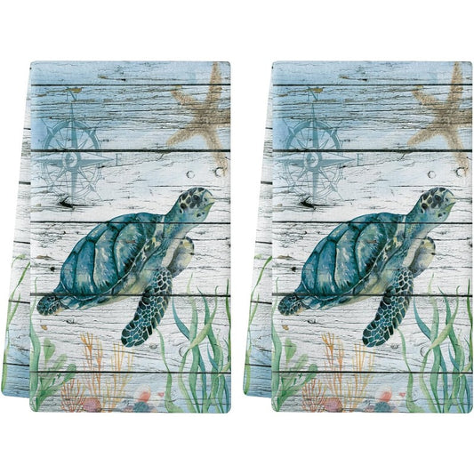 Artful Ultra-Soft Ocean and Sea Turtle Hand Towels for Artistic Coastal Décor, 18x26"
