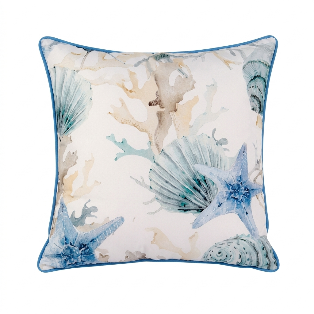 Blue coastal pillow cover with shells and starfish pattern on light fabric for beach house and coastal home decor.