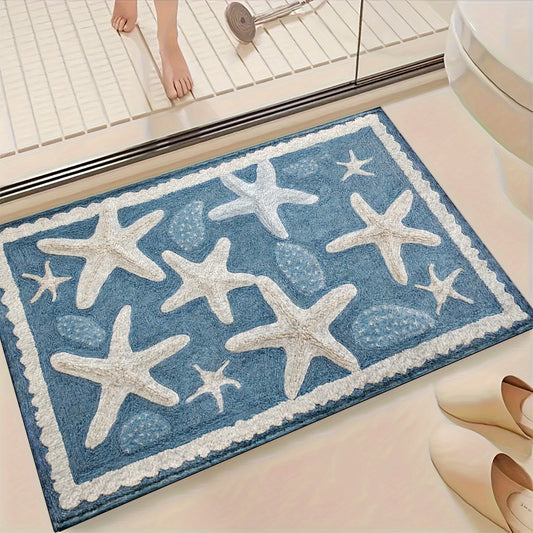 Plush non-slip bath mat featuring a coastal starfish pattern in soft tones available in 1.5x2' or 2x3' sizes - Coastal Pillows Plus