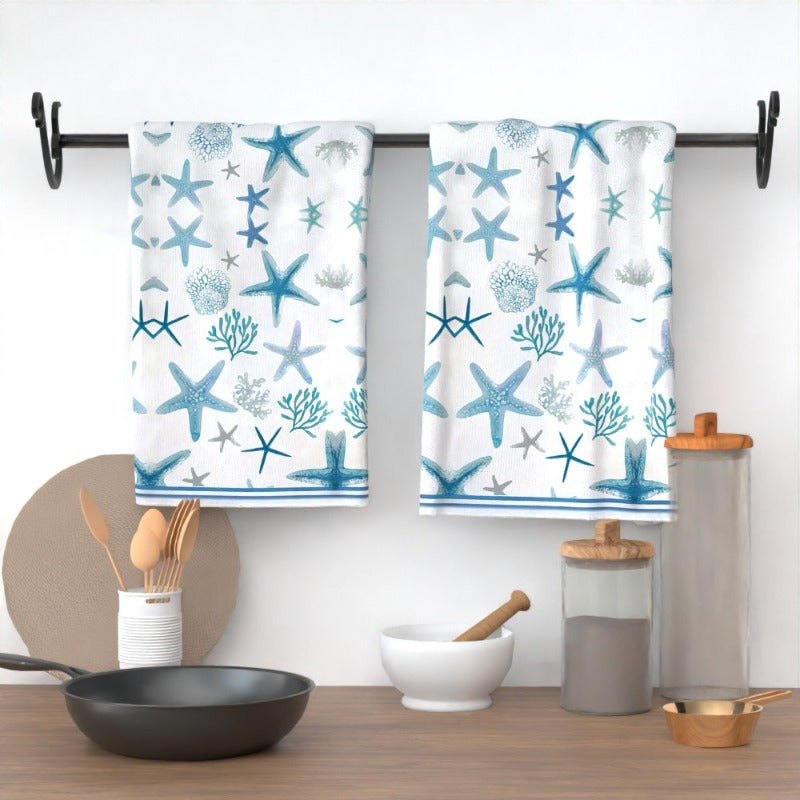 Oceanic Starfish Polyester Hand Towel – Coastal Blue & White, 18x26"