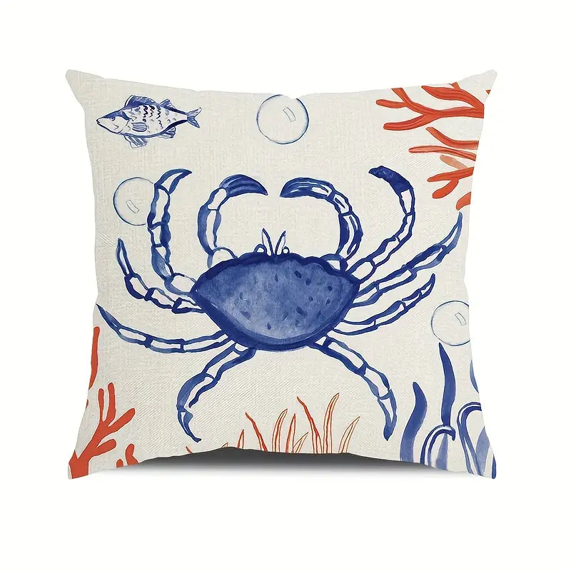 18"x18" linen pillow cover featuring a blue crab with coral and marine accents on an off-white background.