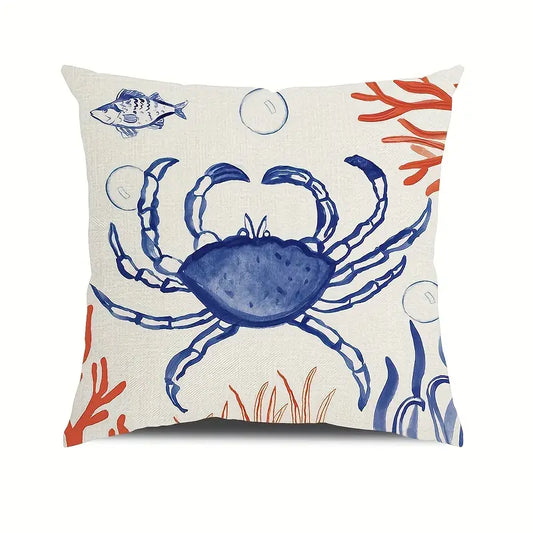 18"x18" linen pillow cover featuring a blue crab with coral and marine accents on an off-white background.