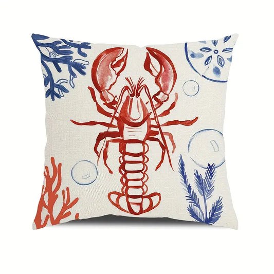 18"x18" linen pillow cover featuring a red lobster with blue coral accents on an off-white background.