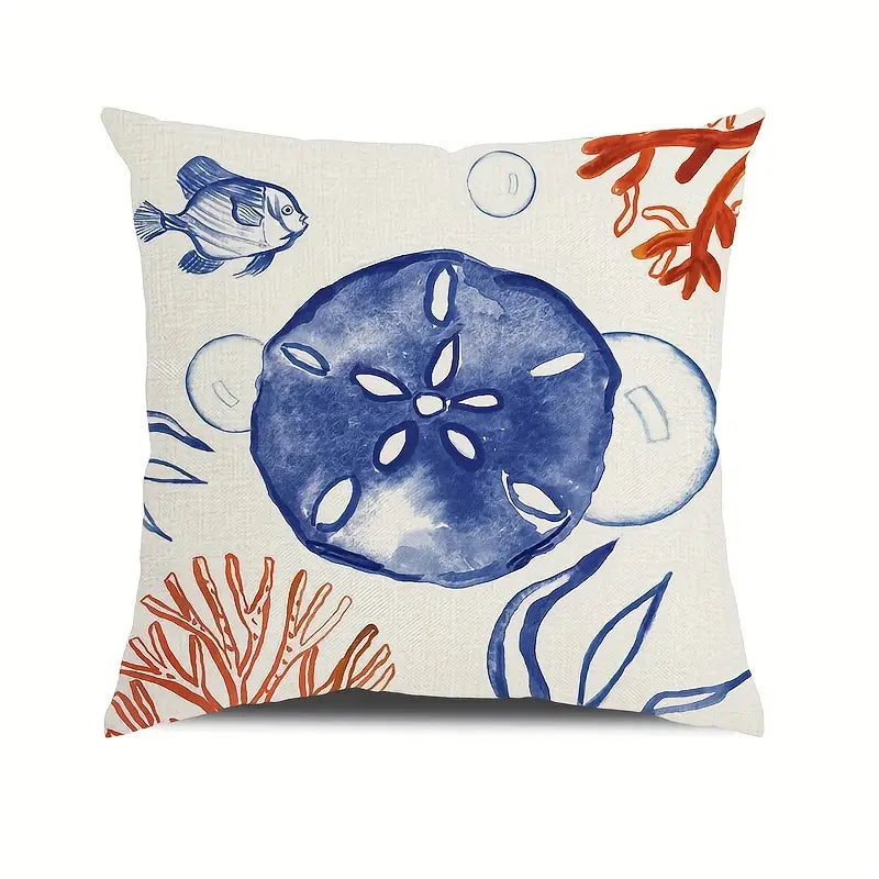 18"x18" linen pillow cover featuring a blue sand dollar with coral and marine accents on an off-white background.
