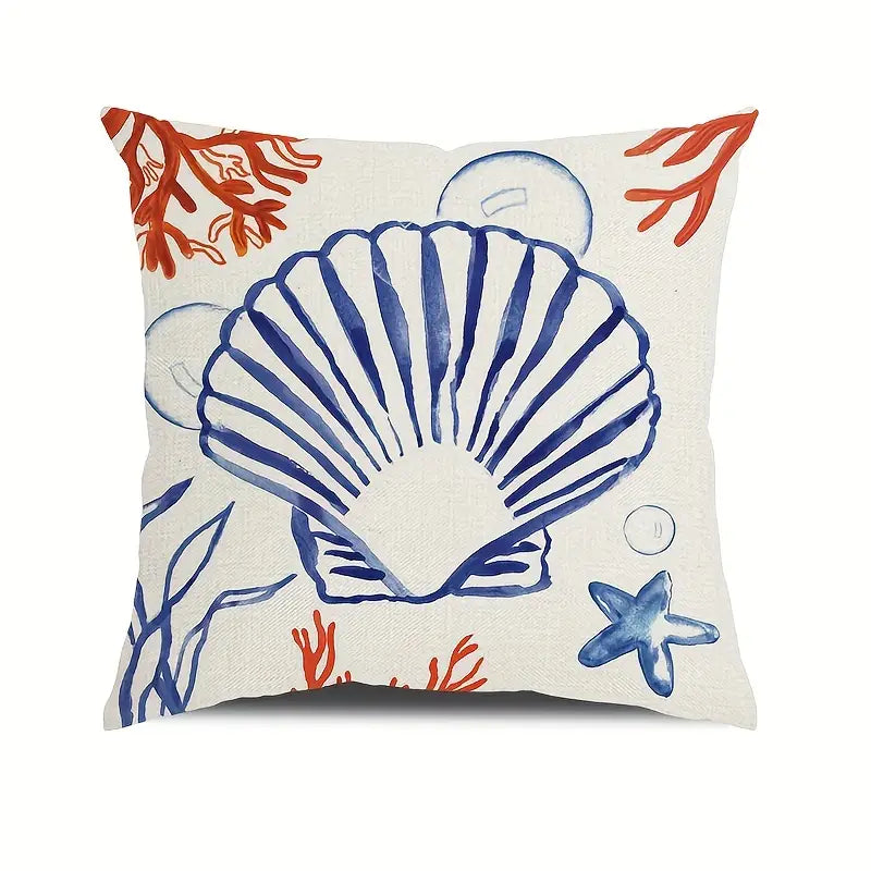 18"x18" linen pillow cover featuring a blue scallop shell with red coral accents on an off-white background.