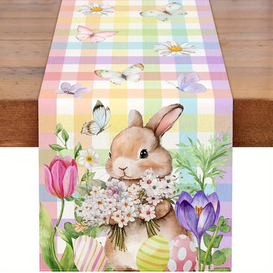 Pastel 13x72 inch linen-blend table runner featuring a watercolor rabbit, spring tulips, and a plaid gingham background for holiday décor – Coastal Pillows Plus.