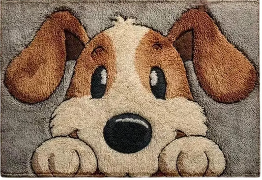 Plush faux cashmere bath mat with a peeking dog pattern in neutral tones, 20"x32" - Coastal Pillows Plus