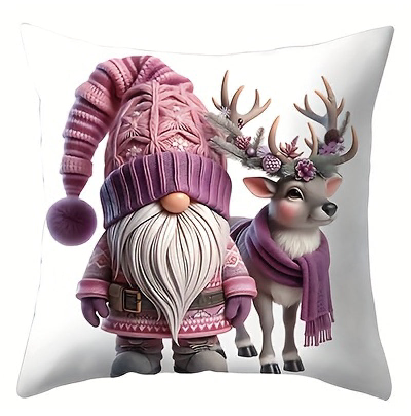 Pillow cover with a gnome wearing a pink hat standing beside a reindeer