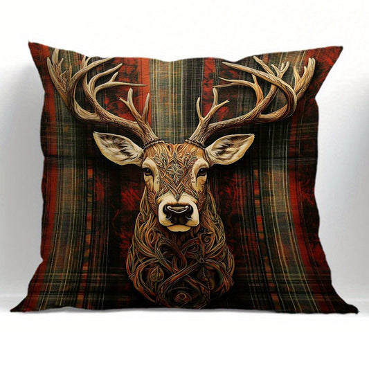 Deer pillow cover with centered stag illustration and Celtic knot detailing on a red plaid background.