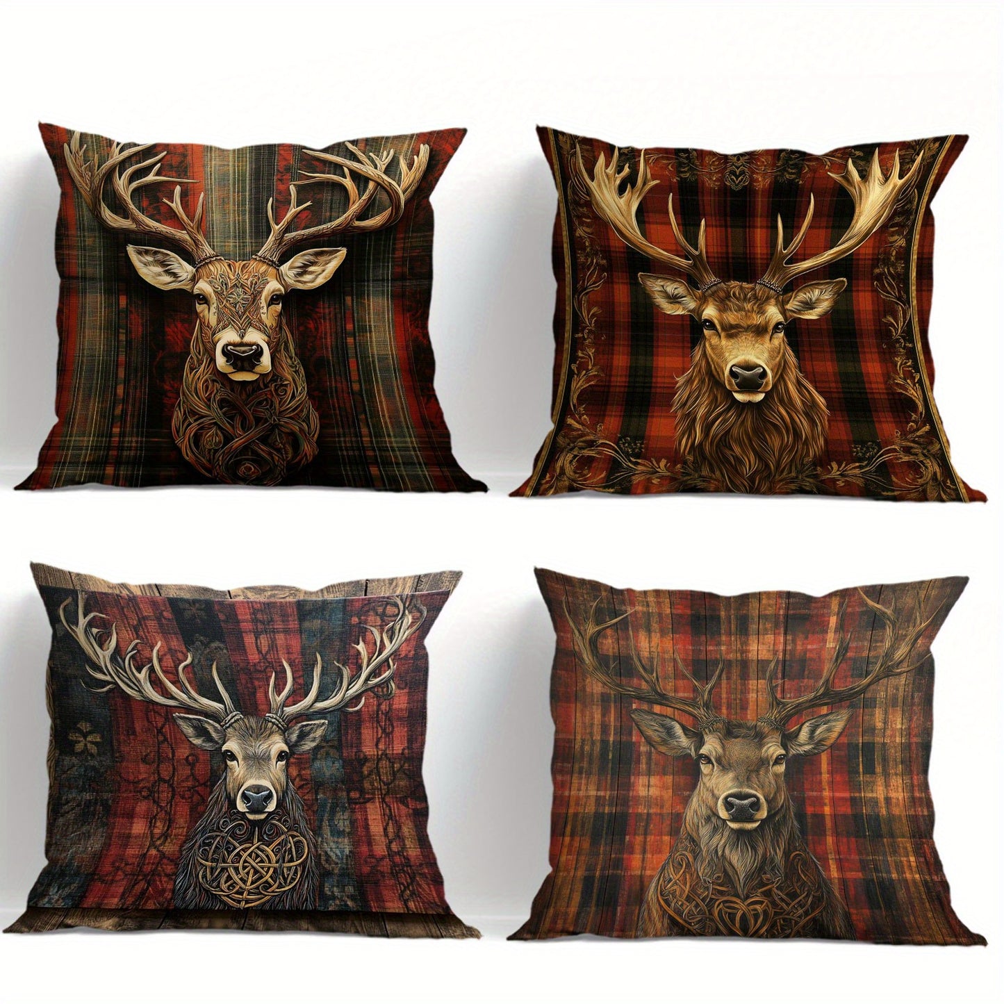 Four coordinating pillow covers featuring deer with Celtic knot detailing on red and green plaid backgrounds.