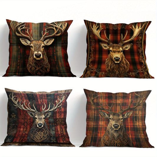 Four coordinating pillow covers featuring deer with Celtic knot detailing on red and green plaid backgrounds.
