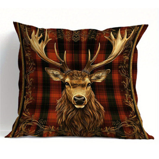 Deer pillow cover featuring a stag framed by an ornate Celtic knot border over a red plaid pattern.