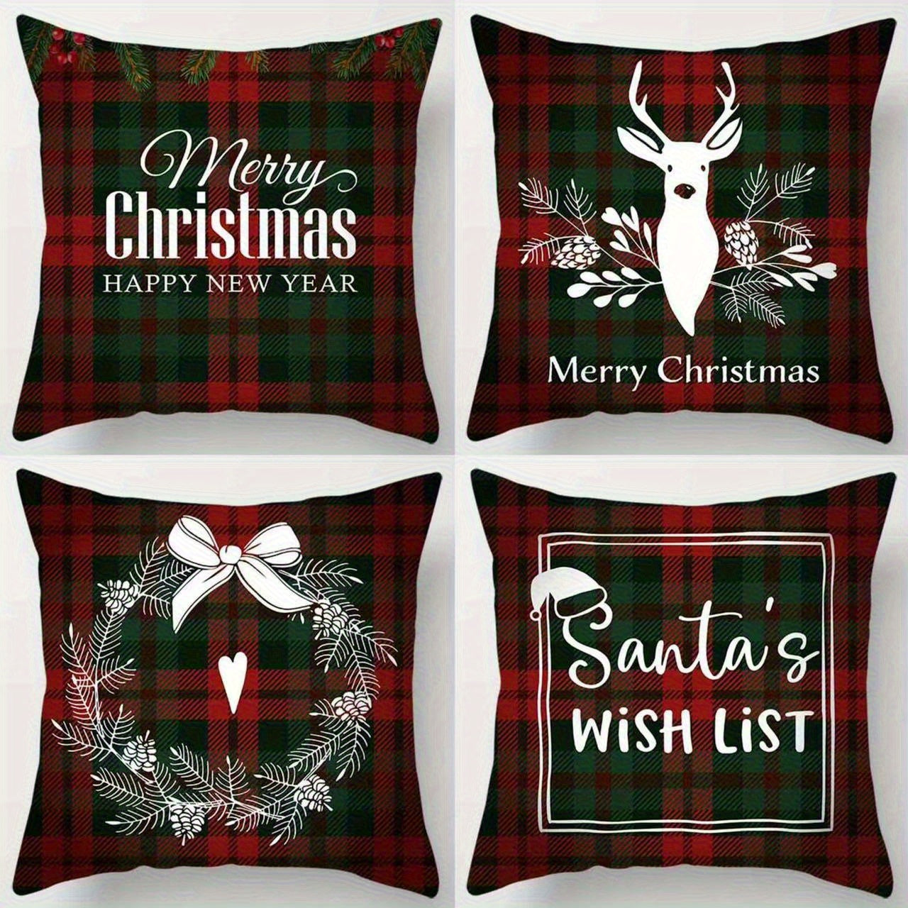 Set of four pillow covers with red and green plaid featuring text, reindeer, wreath, and seasonal designs