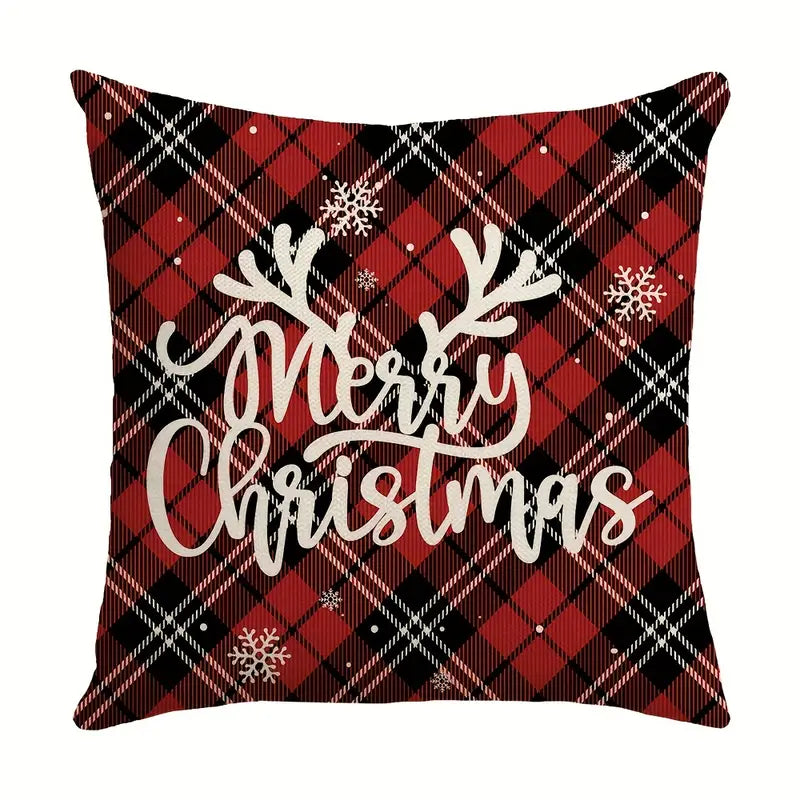 Red and black plaid Christmas pillow cover with Merry Christmas script and antlers with snowflakes