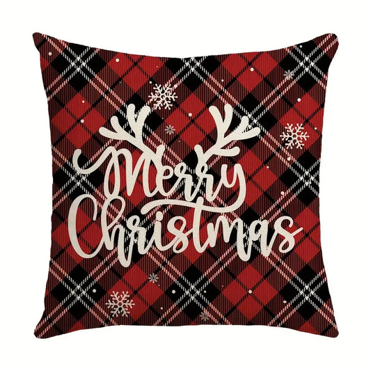 Red and black plaid Christmas pillow cover with Merry Christmas script and antlers with snowflakes