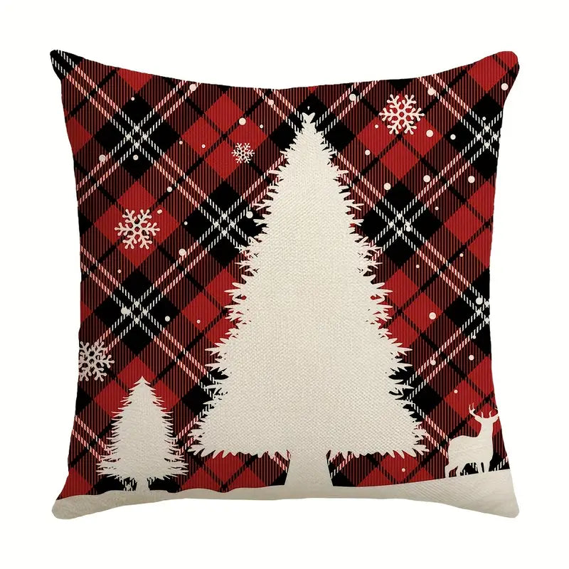Red and black plaid Christmas pillow cover with white Christmas trees snowflakes and deer silhouette