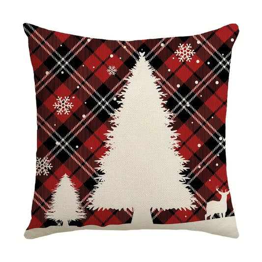 Red and black plaid Christmas pillow cover with white Christmas trees snowflakes and deer silhouette