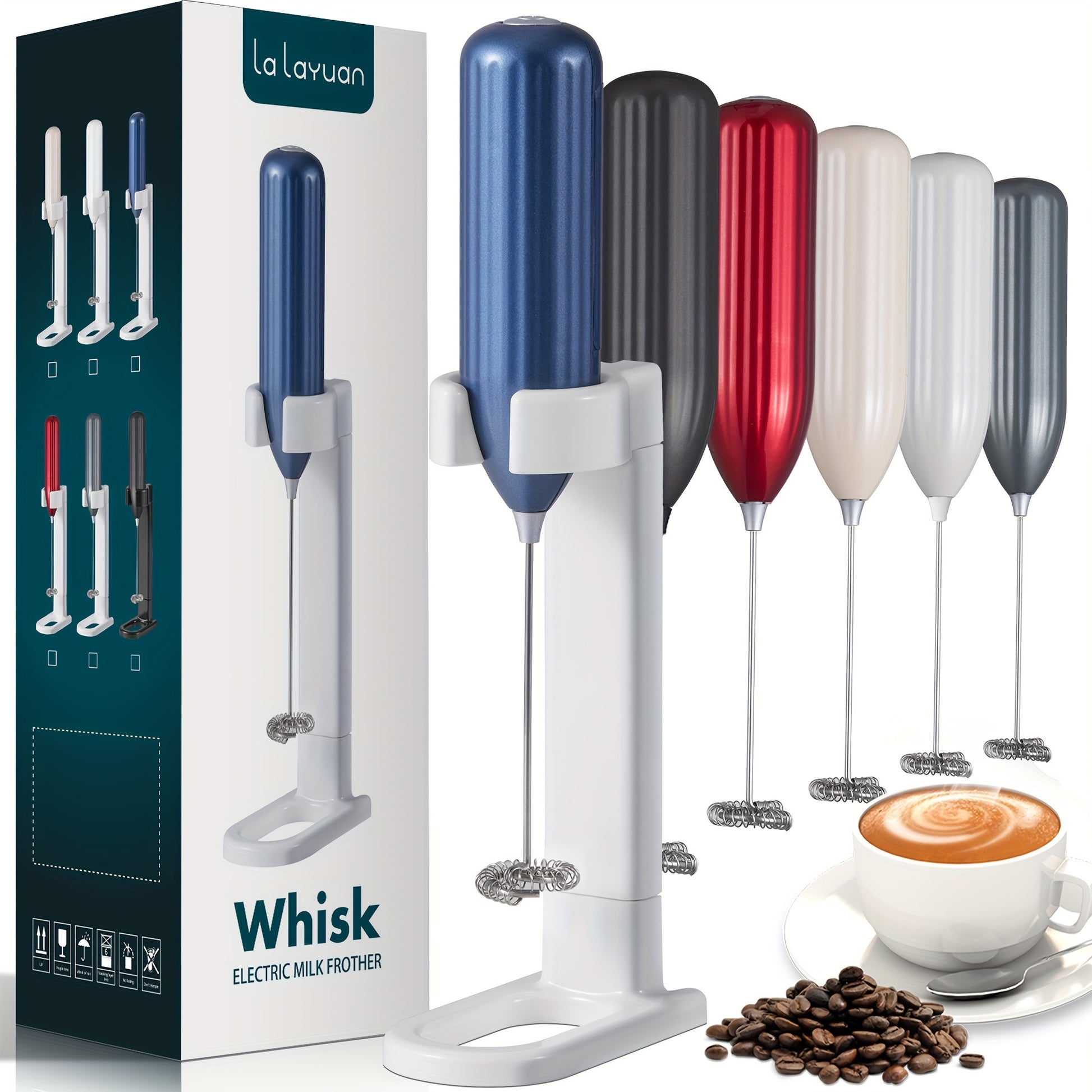 Professional handheld electric milk frother and stainless steel beverage mixer in modern colors for kitchen décor – Coastal Pillows Plus.
