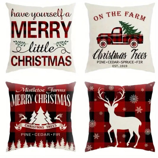 Buffalo Plaid Christmas Pillow Cover Collection – Text, Red Truck, Trees & Reindeer, 18"x18"