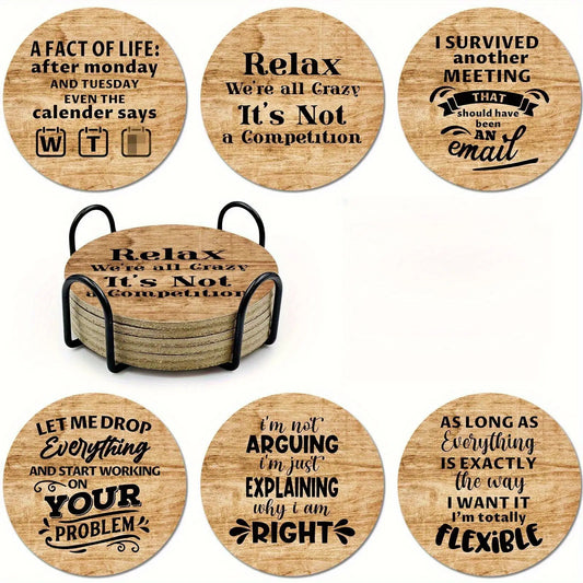 Round wooden coasters with printed quotes and sayings stacked in a black metal holder.