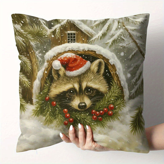 Pillow cover with a raccoon wearing a Santa hat inside a tree hollow with snow and greenery