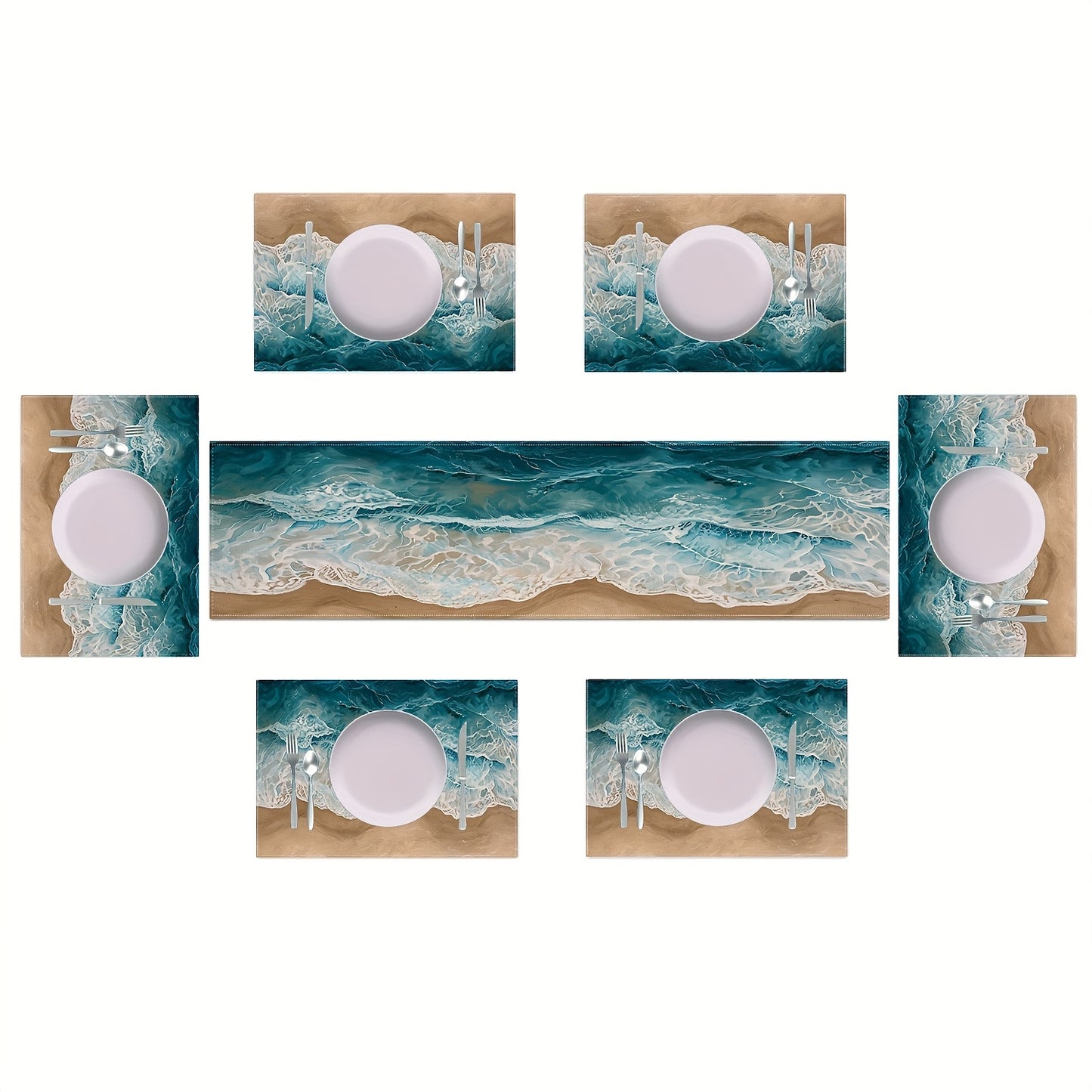 Radiant 7-Piece Ocean Wave Table Set with Matching Blue Wave Placemats and 13x72" Runner - Complete Nautical Dining décor - Coastal Pillows Plus