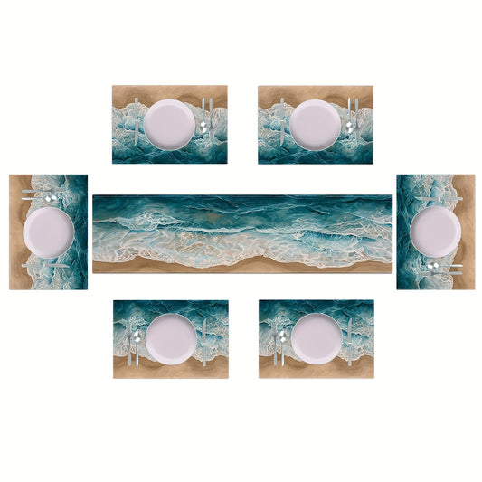 Radiant 7-Piece Ocean Wave Table Set with Matching Blue Wave Placemats and 13x72" Runner - Complete Nautical Dining décor - Coastal Pillows Plus