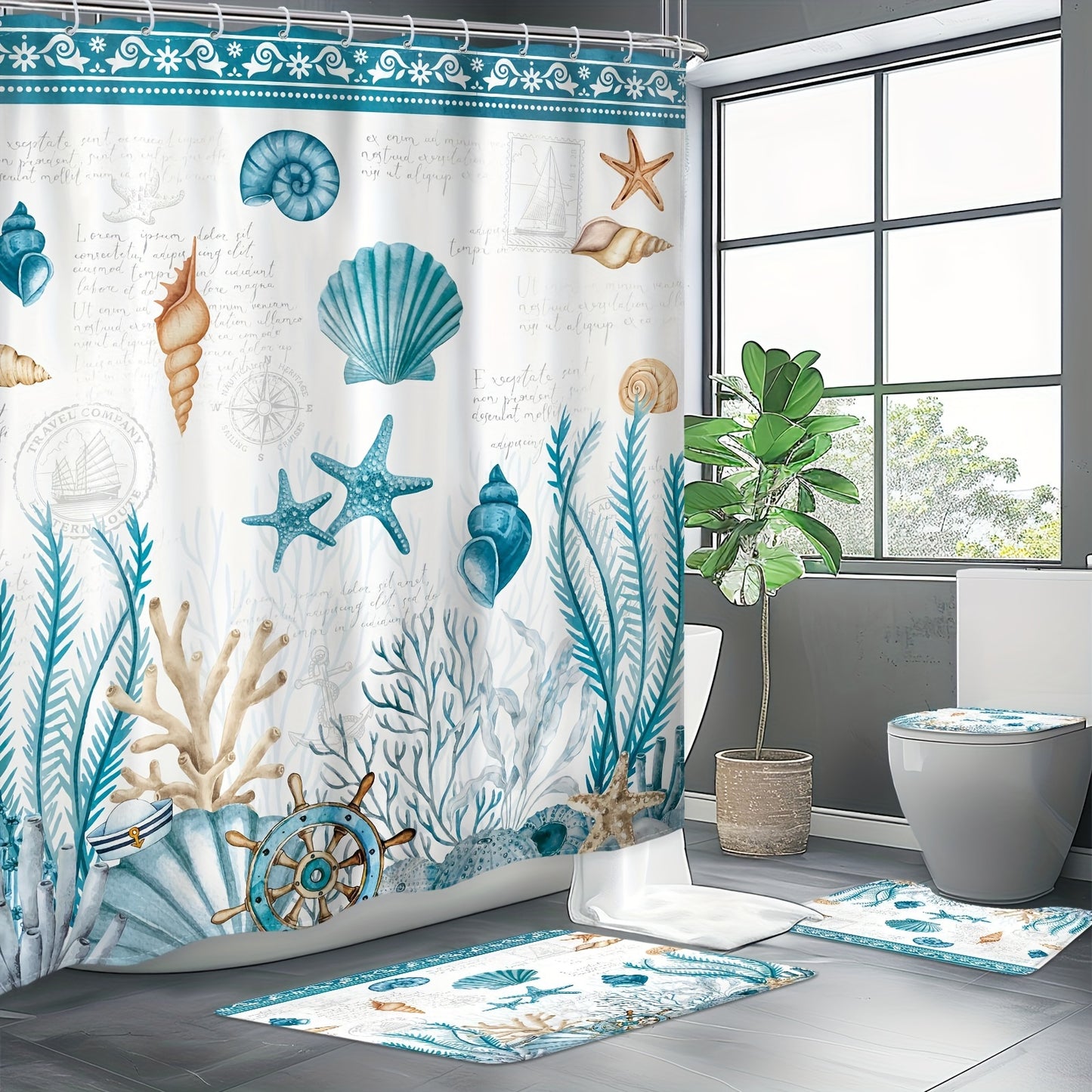 A radiant 4-piece underwater nautical shower set featuring detailed seashells and coral designs, including matching non-slip bath mats for a complete coastal bathroom décor - Coastal Pillows Plus