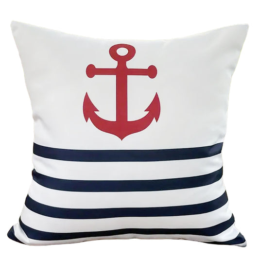 Pillow cover featuring a red anchor centered on a white background with navy horizontal stripe detail.