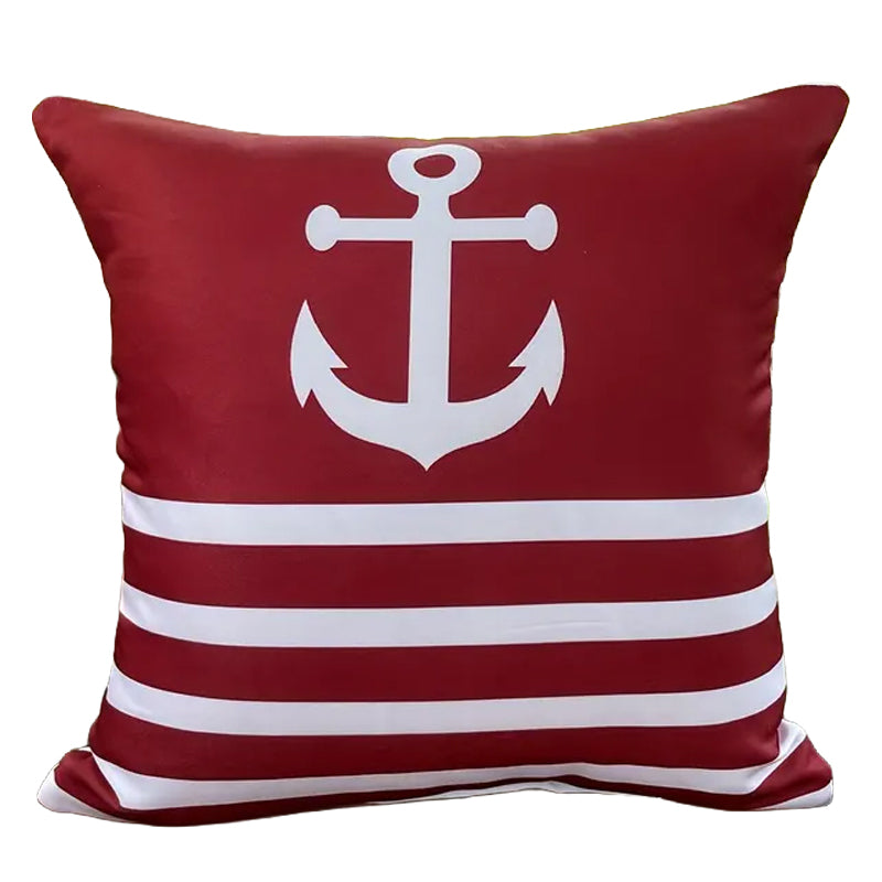 Outdoor pillow cover featuring a white anchor centered on a red background with horizontal white stripe detail.