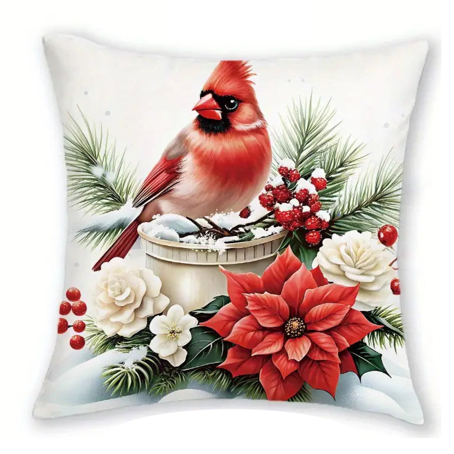 Christmas pillow cover featuring a red cardinal on a bird bath with poinsettias, pine branches and winter berries.