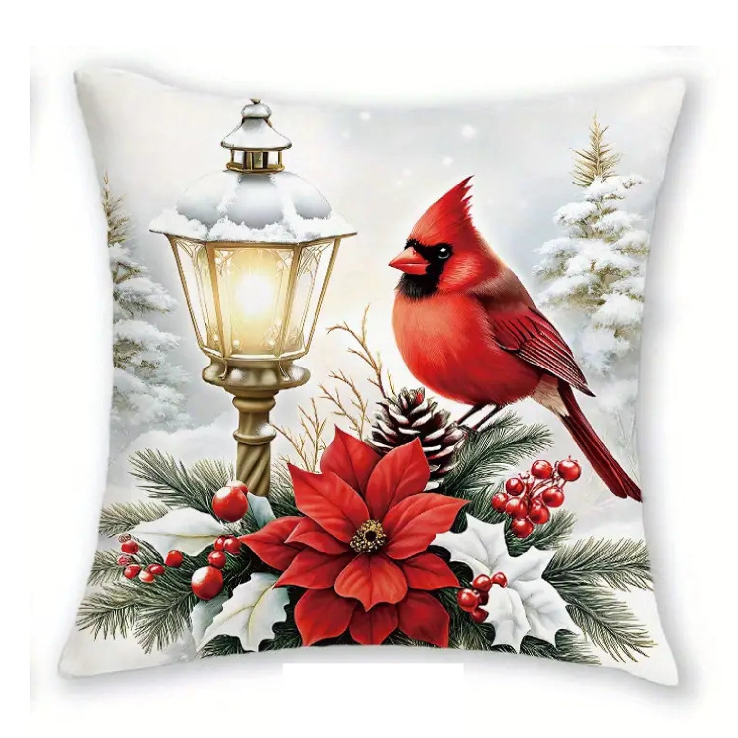 Christmas pillow cover showing a red cardinal near a glowing lantern with poinsettias, pine branches and winter berries.
