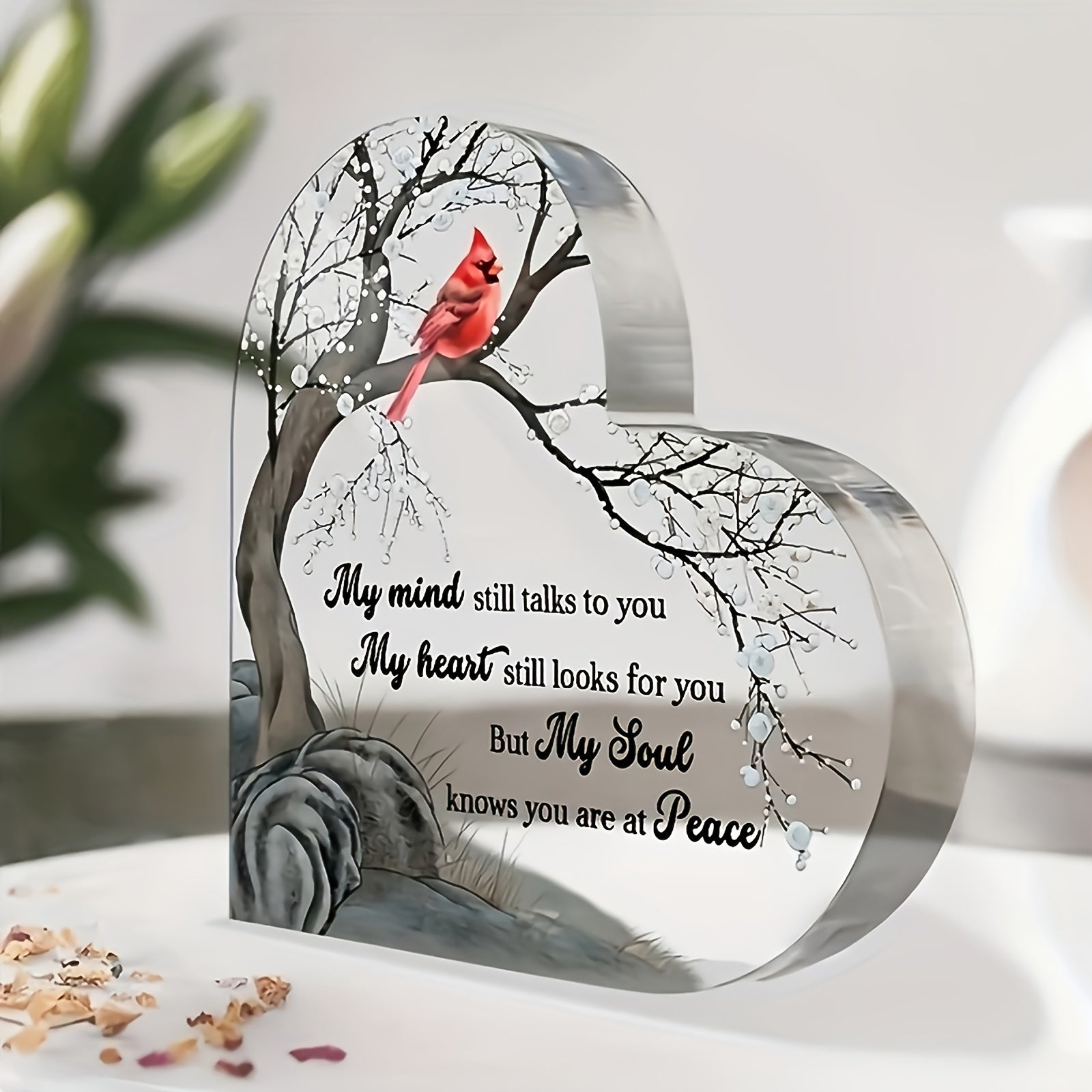 Heart-shaped acrylic plaque featuring a red cardinal on a branch with a sentimental memorial message - Coastal Pillows Plus