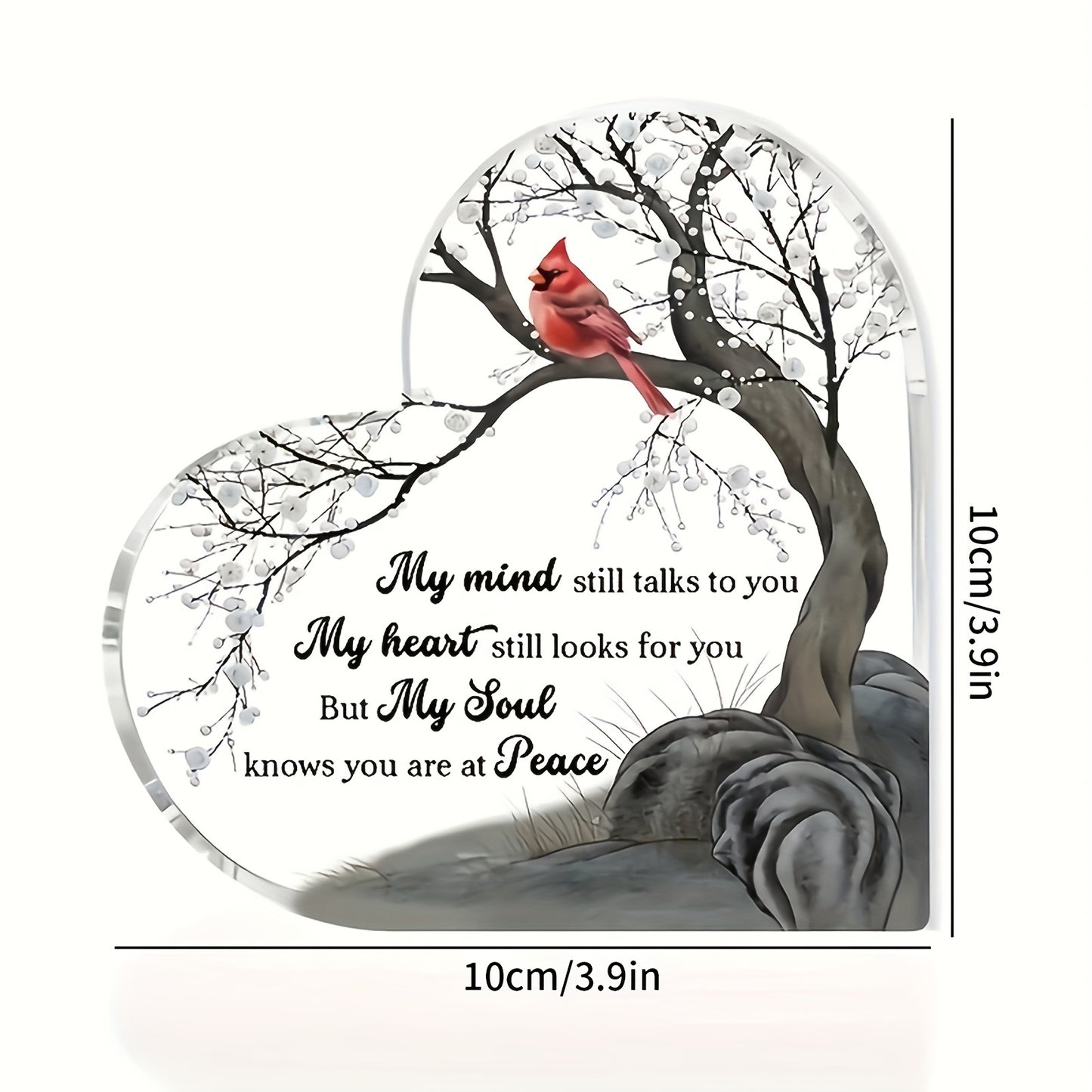 Heart-shaped acrylic plaque featuring a red cardinal on a branch with a sentimental memorial message - Coastal Pillows Plus