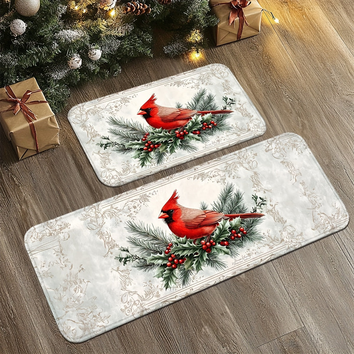 Holiday mat or runner featuring a red cardinal perched among pine branches and holly berries on a soft winter background.