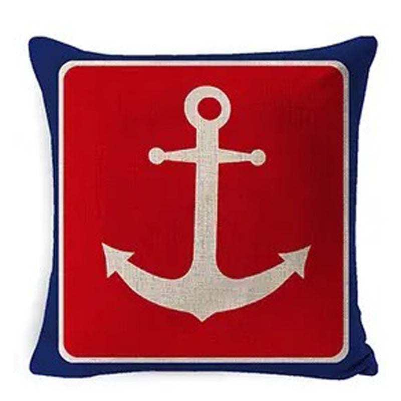 Linen pillow cover featuring a centered anchor within a red decorative frame on a cream background with subtle nautical text.