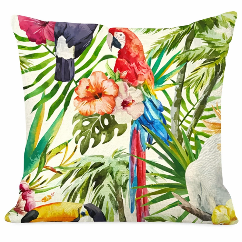 Linen pillow cover featuring a red macaw and toucan with tropical leaves and flowers, 18x18, insert not included.