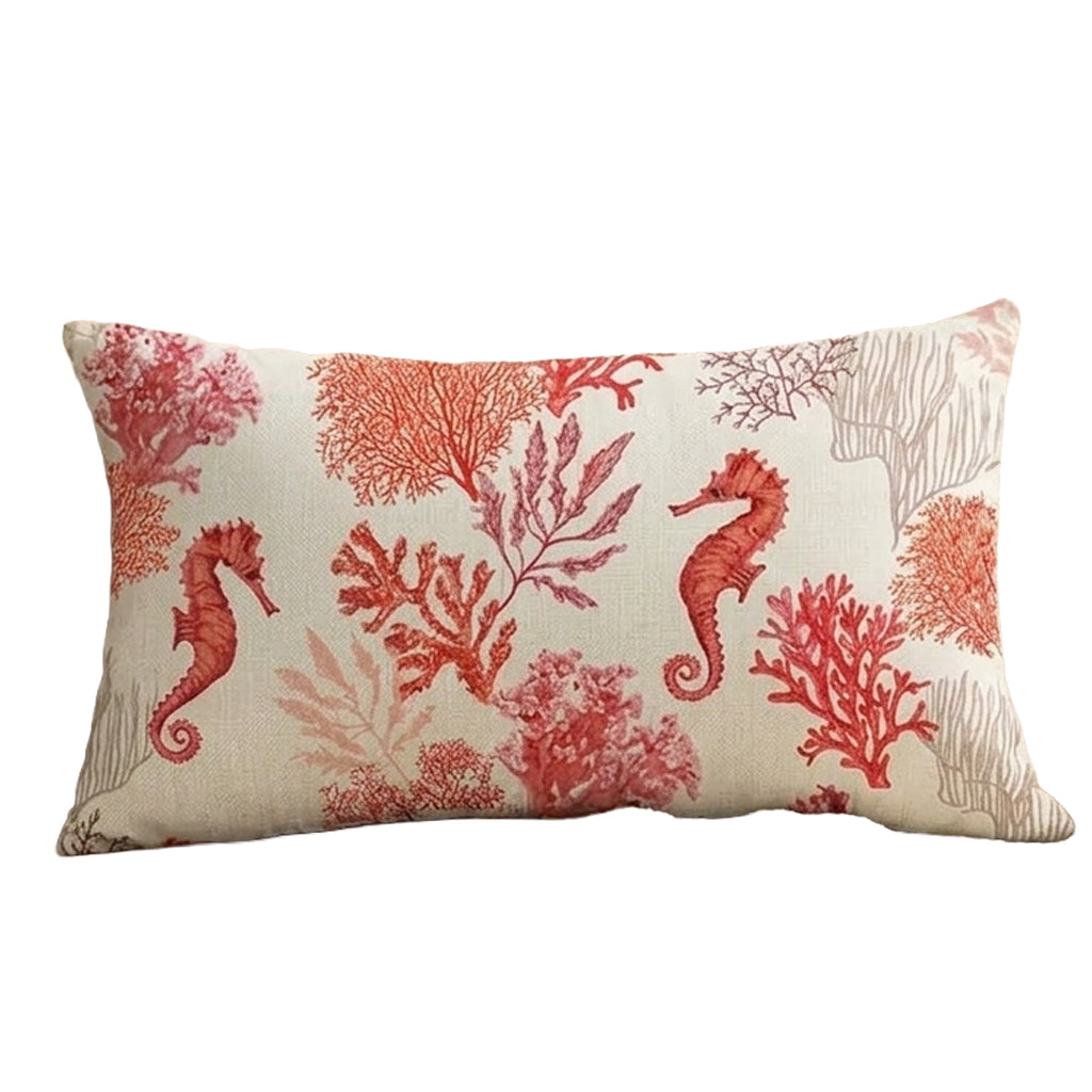 12"x20" linen lumbar pillow cover featuring a repeating red seahorse and coral pattern on a cream background.