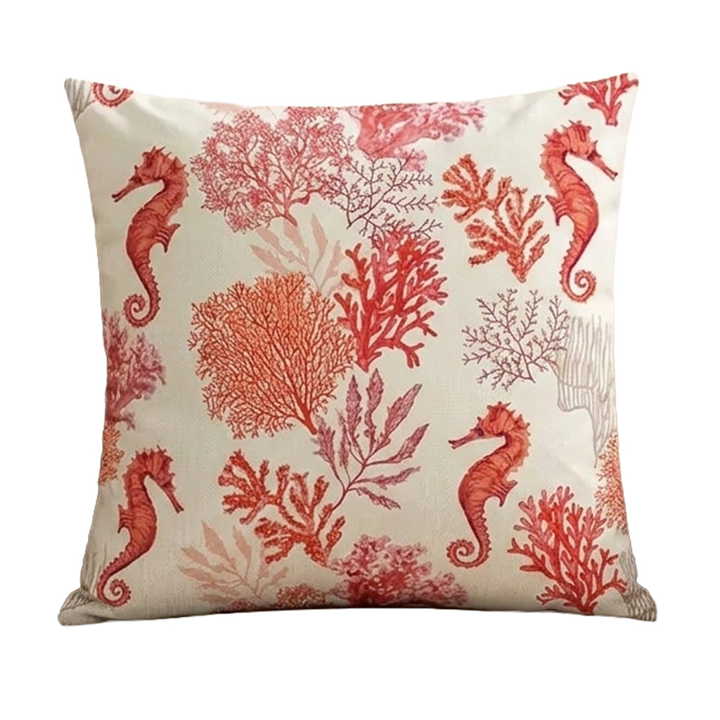 18"x18" linen pillow cover featuring a repeating red seahorse and coral pattern on a cream background.