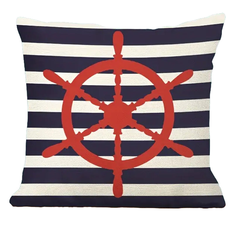 Linen pillow cover featuring a red ship wheel centered over navy and white horizontal stripes.