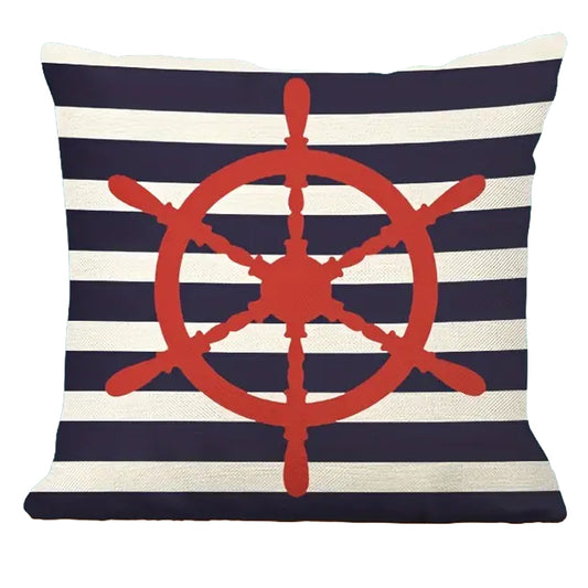 Linen pillow cover featuring a red ship wheel centered over navy and white horizontal stripes.
