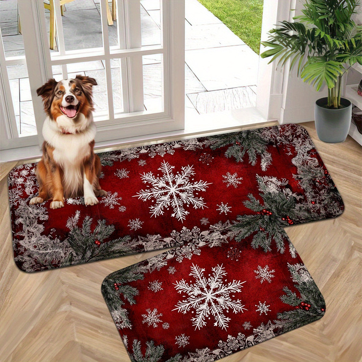 Holiday mat or runner featuring white snowflakes framed by pine branches and berry accents on a red background.