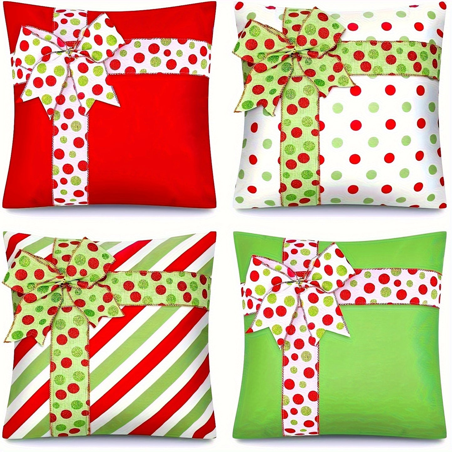 Set of four pillow covers with red and green dot and stripe patterns with ribbon bow designs