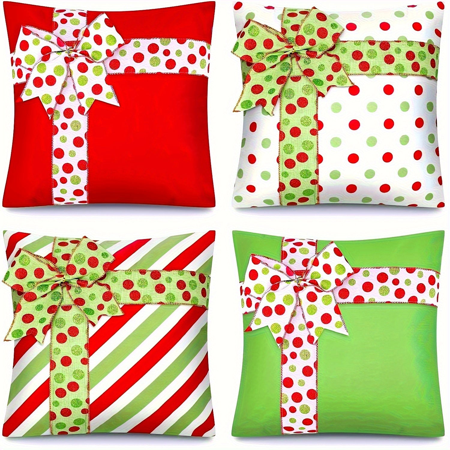 Set of four pillow covers with red and green dot and stripe patterns with ribbon bow designs