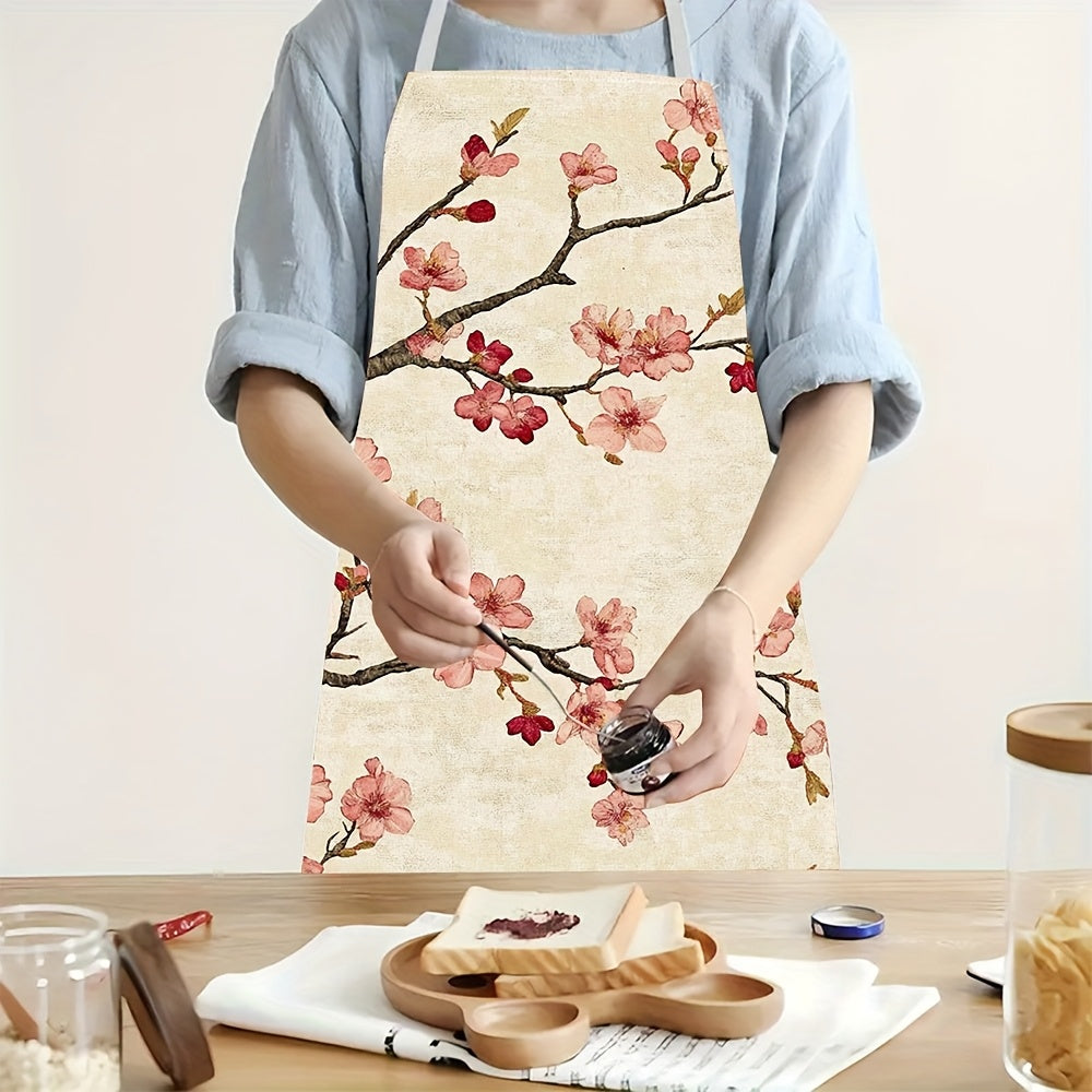Atmospheric 100% Linen Cherry Blossom Apron - Vibrant Red and Pink Floral Print, Ideal Spring Festival Gift - Coastal Pillows Plus
