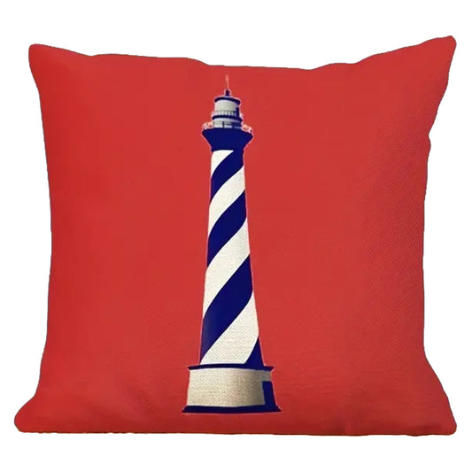 Linen pillow cover featuring a red and white lighthouse design with coastal detailing.