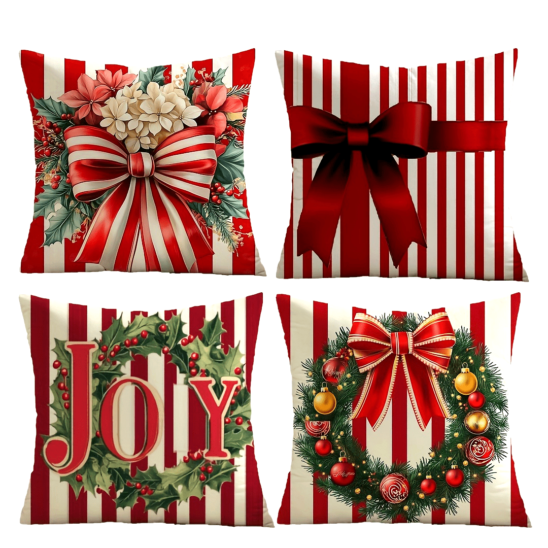 Set of four pillow covers with red and white stripes featuring bow, floral, Joy text, and wreath designs