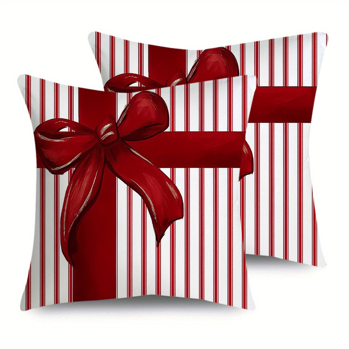 Red and white striped pillow cover with vertical banding and a ribbon bow across the front