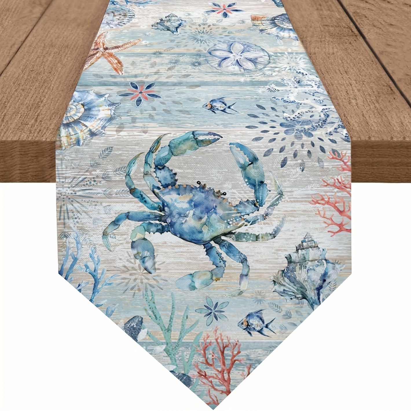 Refined Coastal Crab, Coral, and Seashell Design Linen Triangle Table Runner - Available in 13x36", 13x48", or 13x72"