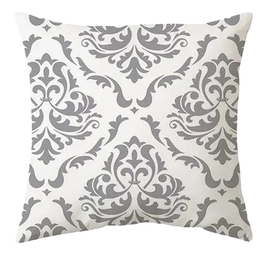 Refined 18x18 inch pillow cover with a classic grey damask floral pattern on a crisp white background for elegant home décor – Coastal Pillows Plus.